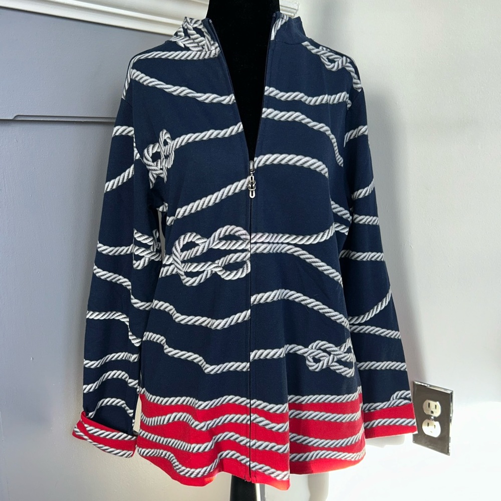 Susan Graver Red Blue Print Full Zip Jacket Size Medium Collared Nautical NWOT